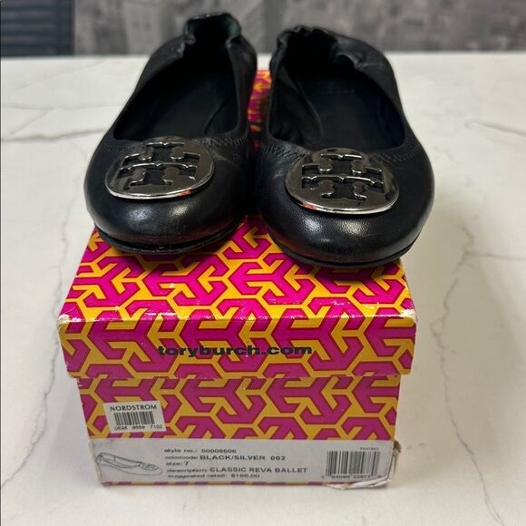 Authentic Tory Burch Classic Reva Ballet Flats Black Silver Sz 7 - Picture 2 of 8